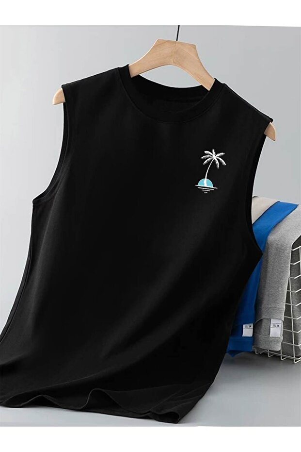Oversize Relaxed Fit Back and Chest Printed Black Men's Tank Top / Zero Sleeve