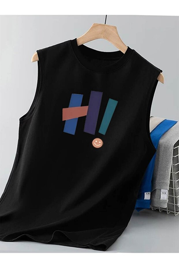 Oversize Relaxed Fit Back and Chest Printed Black Men's Tank Top / Zero Sleeve