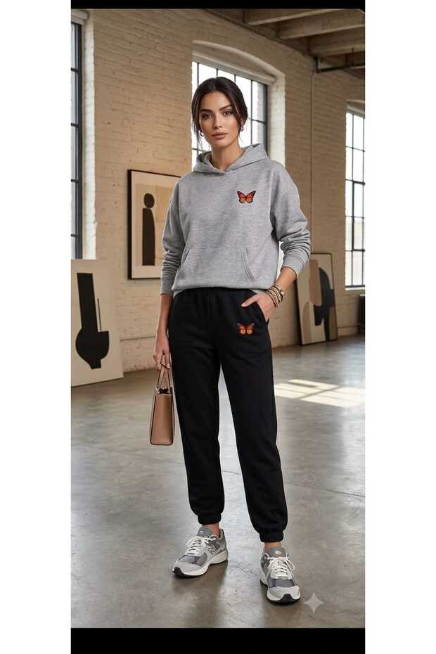 Hooded Tracksuit 2-Piece Combination Winter Colorful Butterfly Printed Women's / Girls' Model
