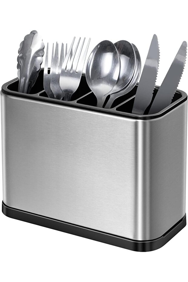 Stainless Steel Utensil Holder, Kitchen Cutlery Organizer with Drain Tray, 3 Compartments