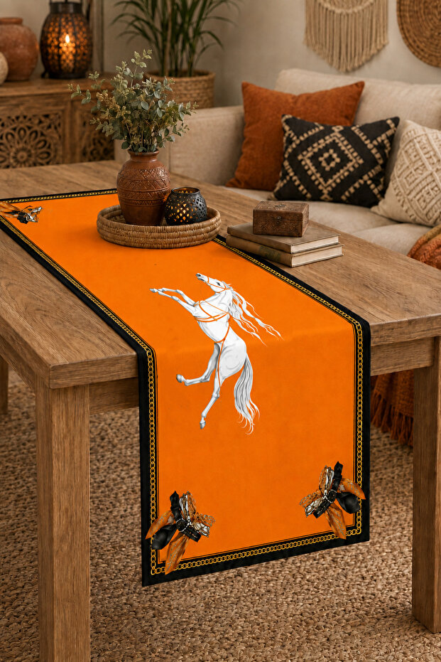 Orange and White Horse Patterned Bohemian Table Runner with Black Gold Chain Detail 40X140Cm