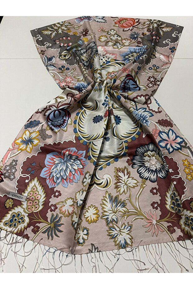 Silky Pink Crown Leaf Patterned Silk Shawl