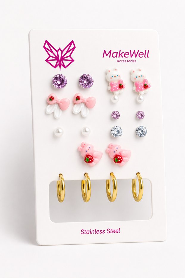 9 Pairs Women's Earrings Set – 7 Pairs of Strawberry Rabbit Bow Pearl and Rhinestone Earrings + 2 Pairs of Stainless Steel Gold Hoop Earrings