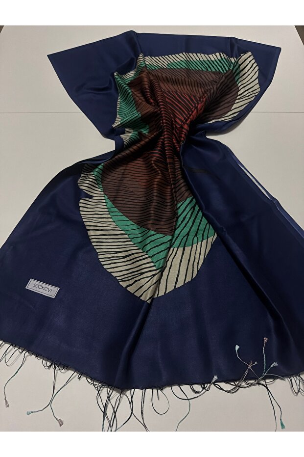 Navy Blue Silk Tree Patterned Silk Shawl