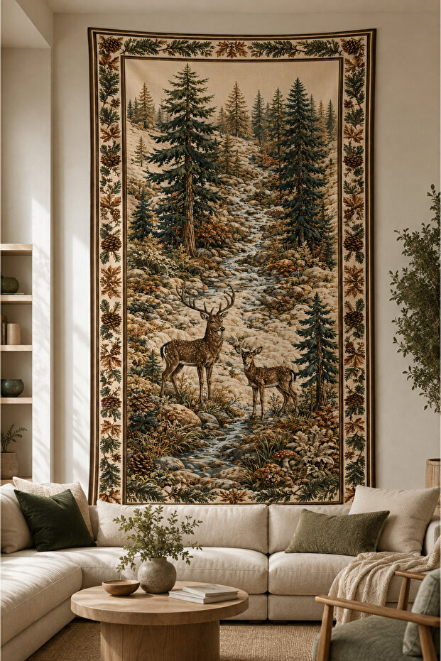 Decorative Wall Covering with Deer, Winter Forest and Pine Cone Pattern