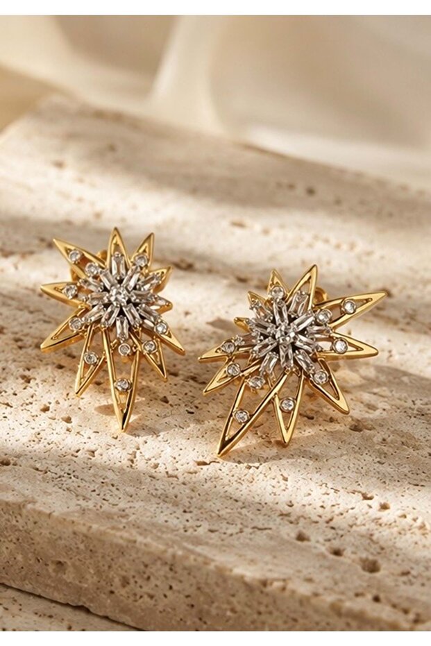 Zircon Stone, Gold Color, Shimmering Star Earrings Acr9808