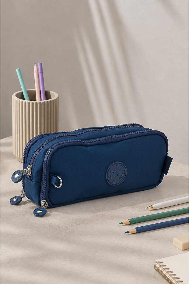 Large Size Crinkle 3 Zipper Pen Holder Mobile Phone Makeup Handbag School Bag Wallet Navy Blue 1415K
