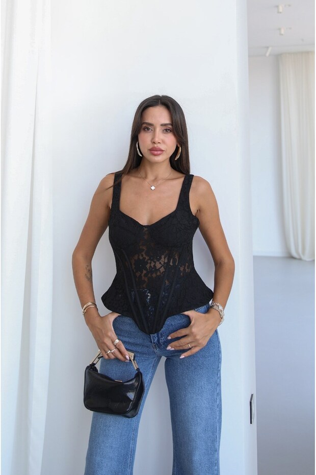 Black Underwire Lace Corset Blouse