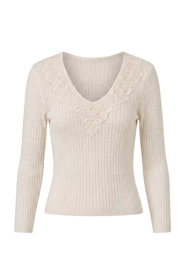 Ecru Guipure Embroidered V-Neck Knitwear