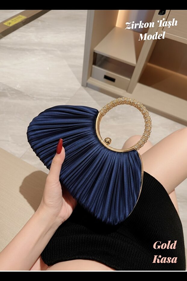 Pleated Bag New Model Pleated Evening Dress Bag Navy Blue Satin with Stone Handle and Chain, Gold Case