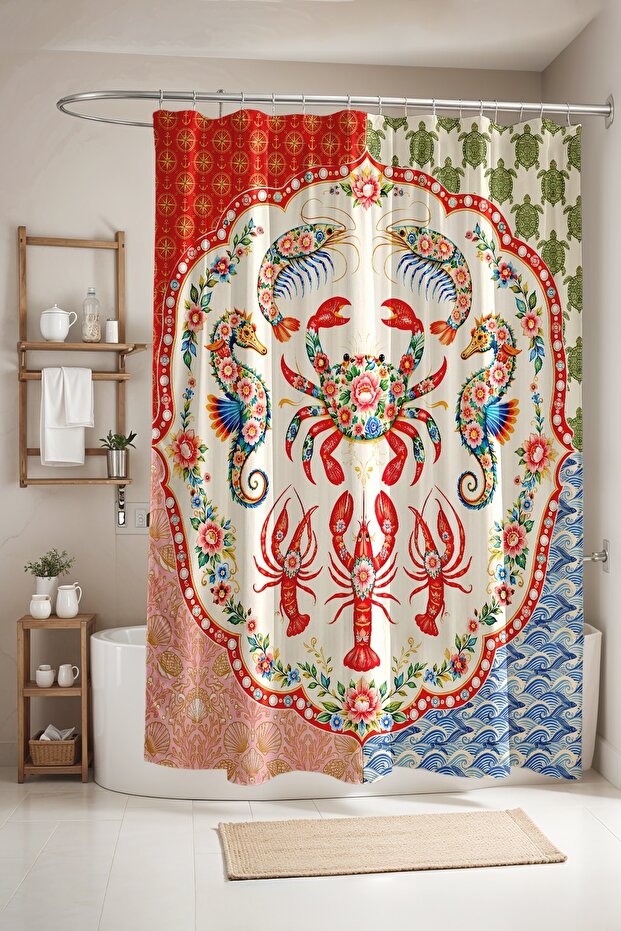Bathroom Curtain, Crab and Shrimp Patterned Shower Curtain, Bathtub Curtain 175X200Cm
