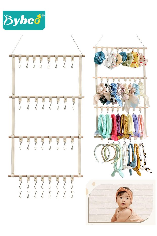 Hair Bows Organizer, Headband Holder, Baby Hair Accessories Organizer Storage, Wall Hanging Decor for Little Girls' Room, PU Leather (4 Compartments+32 Hooks)