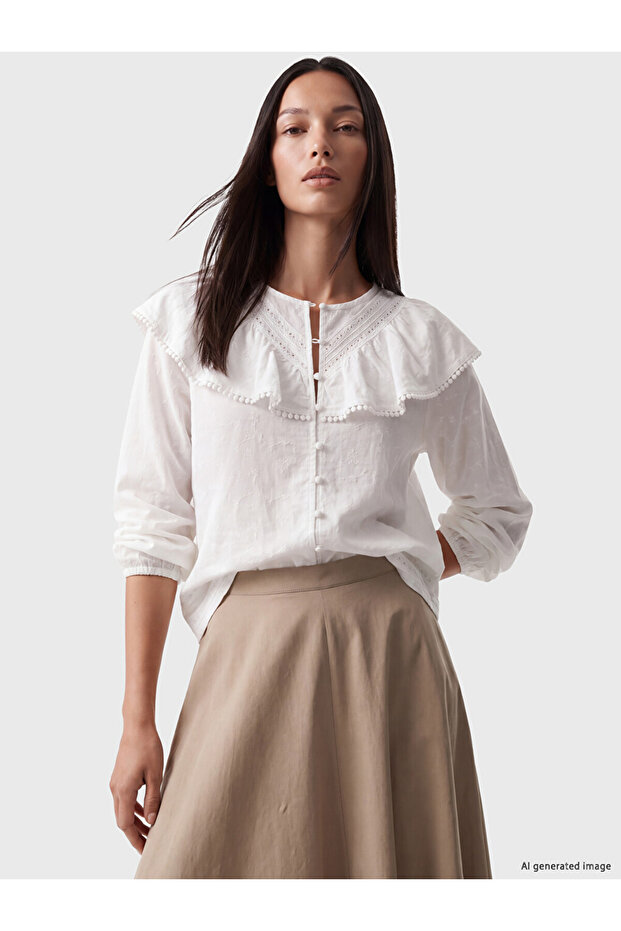 White Embroidered Ruffled Balloon Sleeve Oversized Blouse
