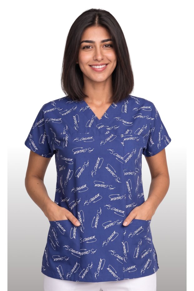 Women's V-Neck Bat Sleeve Ataturk Signature Blue, Red, Black Terycotton Doctor Scrubs Uniform Single Top