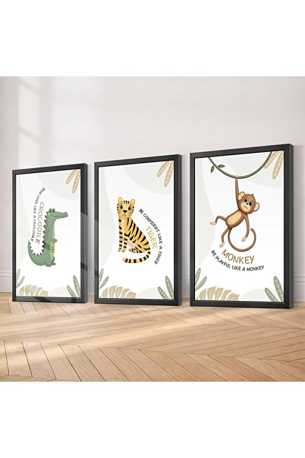 Signtouch CmWith Jungle Safari Classroom Wall Art 3-Piece Black Frame 40x60 cm