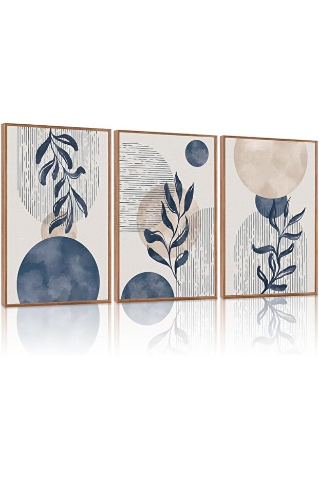 Signtouch Plant Blue Bohemian Moon Wall Art 3-Piece Wooden Frame 40x60 cm