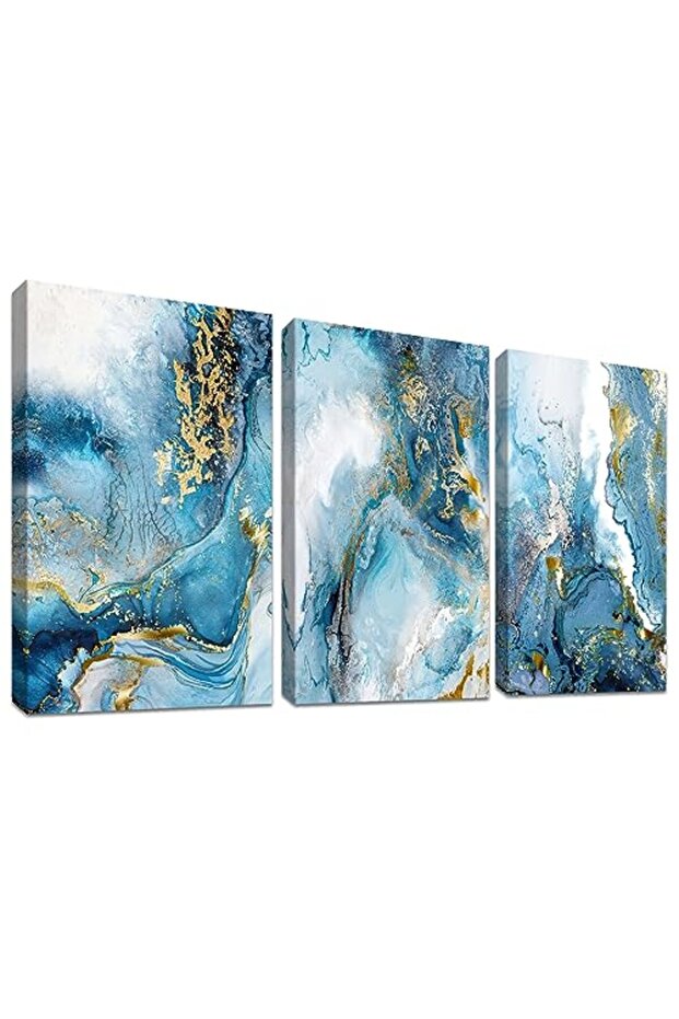 Signtouch Nordic Marble Ocean Blue Wrap Framed Canvas Wall Art Set of 3 30x40 cm