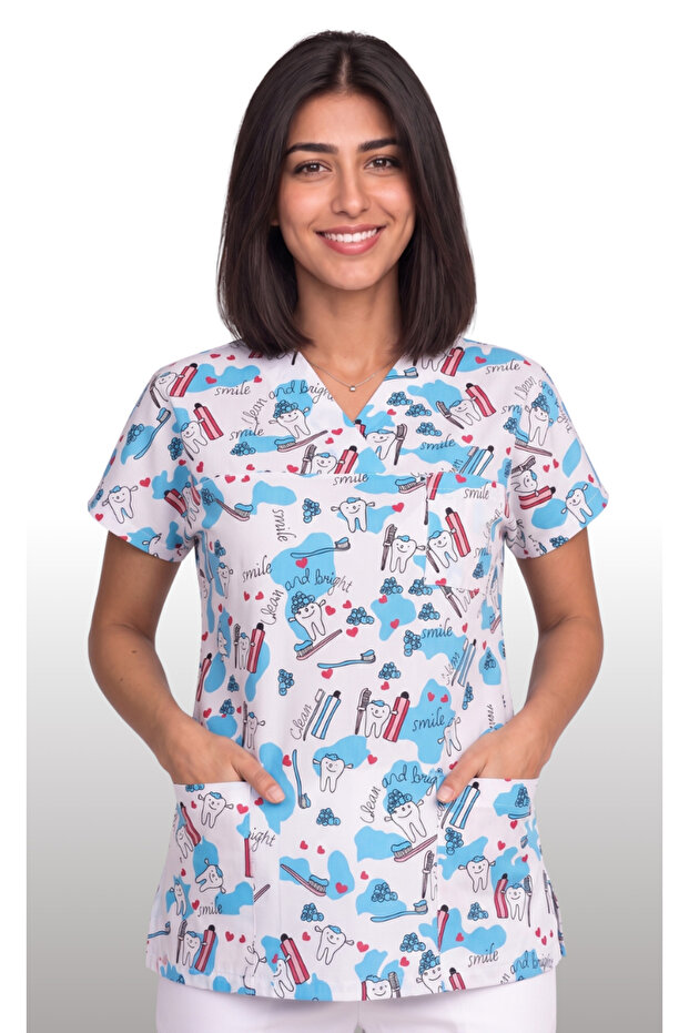 Women's V-Neck Bat Sleeve Teeth Patterned White Terycotton Fabric Doctor Nurse Scrubs Uniform Single Top
