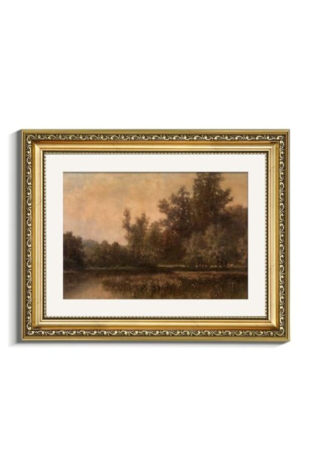 Signtouch Vintage Lakeside Forest Moody Landscape Wall Art Gold Frame 50x70 cm