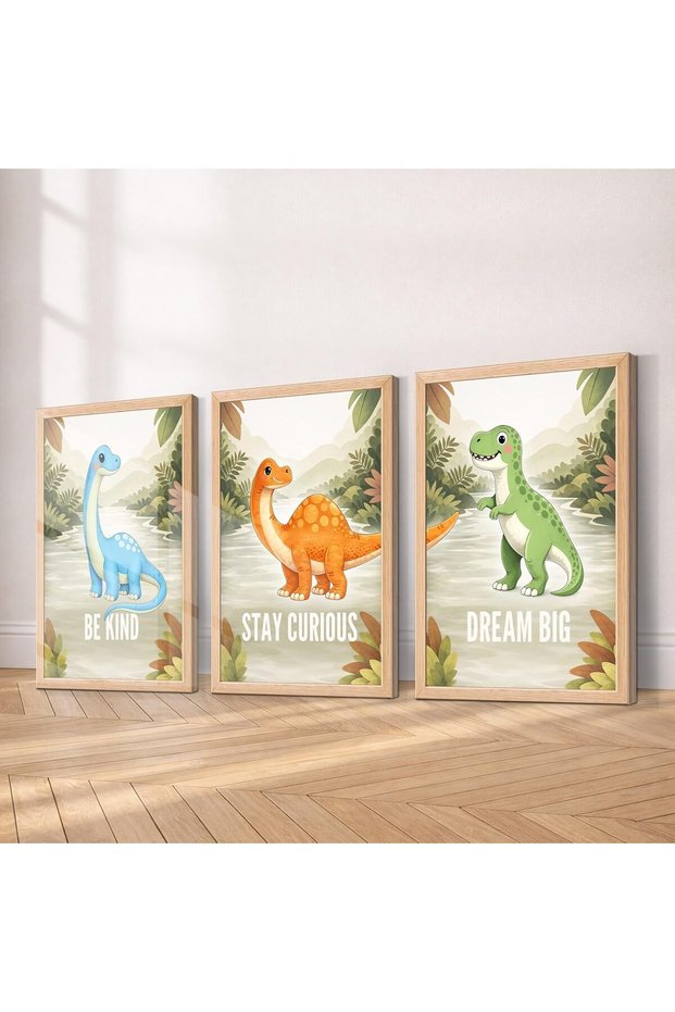 Signtouch Dino Safari Nursery Wall Art 3-Piece Natural Wood Frame 40x60 cm