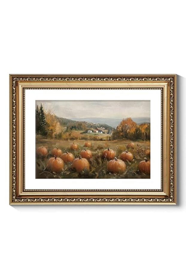 Signtouch Pumpkin Field Autumn Vintage Fall Wall Art Gold Frame 40x60 cm