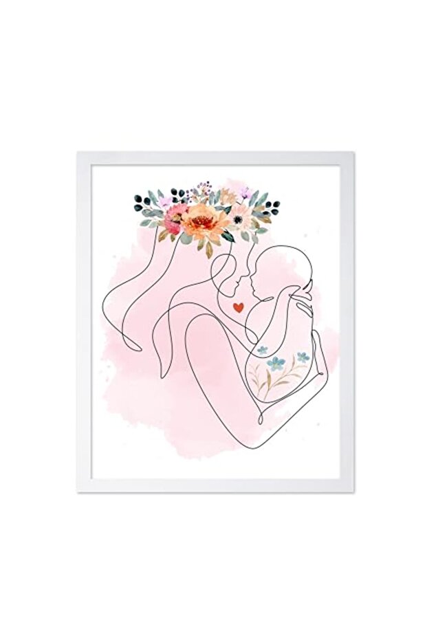 Signtouch Mother Baby Minimal Line Kids Idea Wall Art White Frame 30x40 cm
