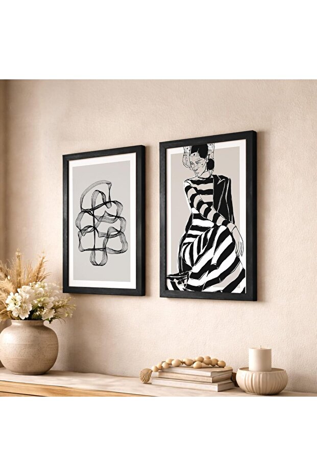 Signtouch Black White Fashion Geometric Wall Art 2-Piece Black Frame 50x70 cm