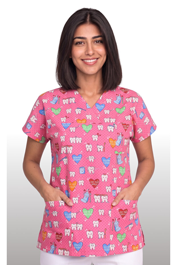 Women's V-Neck Bat Sleeve Teeth Patterned Fuchsia Terycotton Fabric Doctor Nurse Scrubs Uniform Single Top
