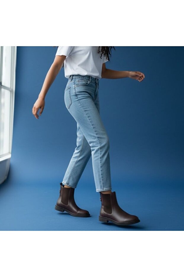 Brown Leather Women's Chelsea Boots with Elastic on Both Sides and Gold Accessories
