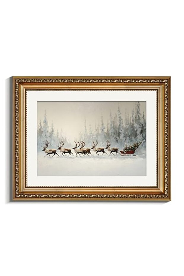Signtouch Christmas Reindeer Pulling Festival Wall Art Gold Frame 30x40 cm