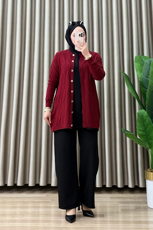 Alina Hirka 1. Class Knitwear Fabric Women's Burgundy Buttoned Cardigan