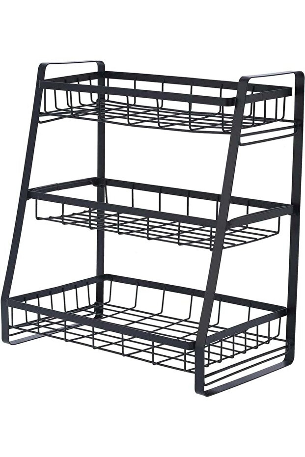 3 Layer Kitchen Rack NW-33225, Multi-Functional Metal Storage Organizer with Hanging Hooks, Black Freestanding Shelf for Kitchen, Spice, Utensils, Bottles, Plates and Everyday Household Storage