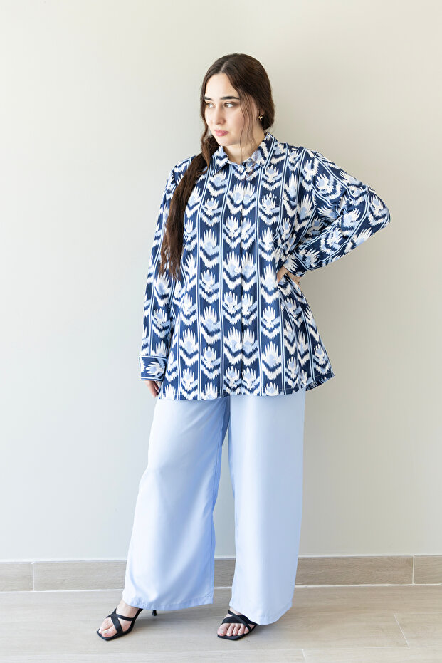 Blue Ikat Pattern Wide-Leg Co-Ord Set