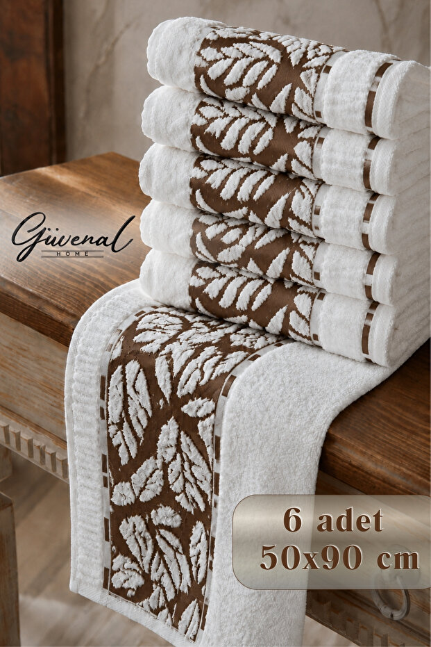 Hazan | Set of 6 50×90 cm Embossed Leaf Patterned Hand and Face Towels | Dowry | Bath Towel | Hand and Face Towel