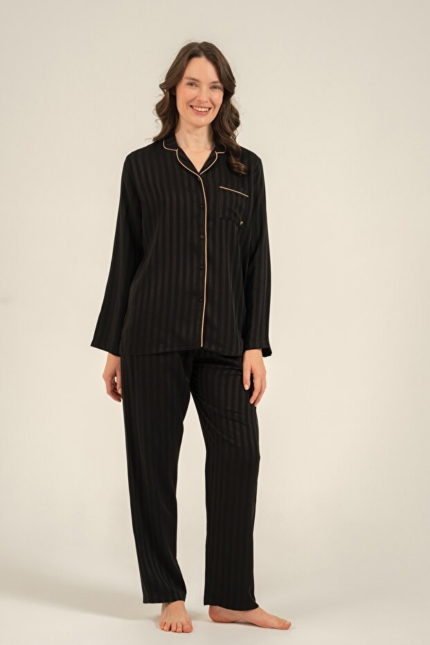 Women's Black Woven Fabric Shirt Pajama Set, Viscose Fabric