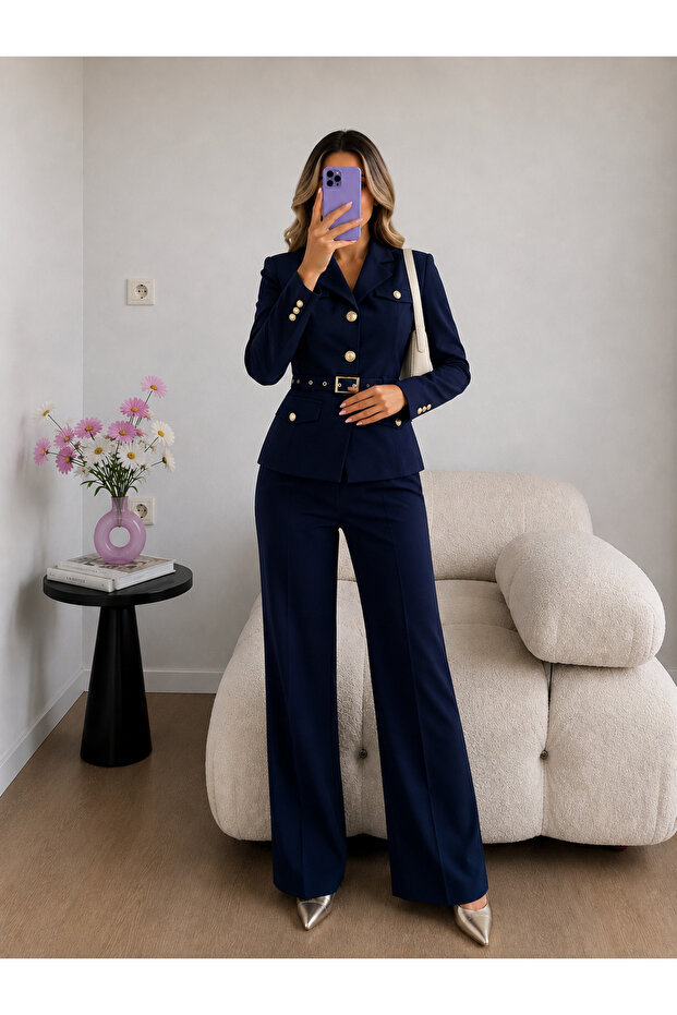 Belted Gold Buttoned Jacket Trousers Double Blazer Suit