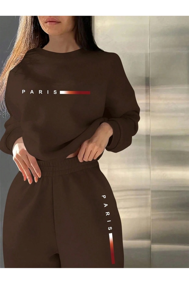 Unisex Women's and Men's Paris Text Printed Oversize 3 Thread Crew Neck Sweatshirt and Jogger Sweatpants