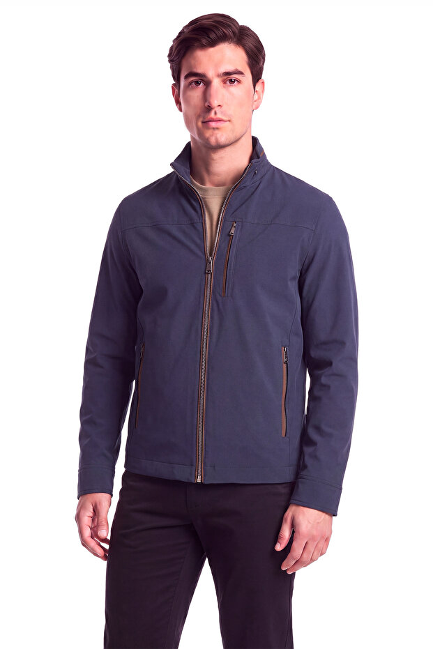 Men's Regular Fit Alcantara Detailed Stand Collar Long Sleeve Blue Jacket