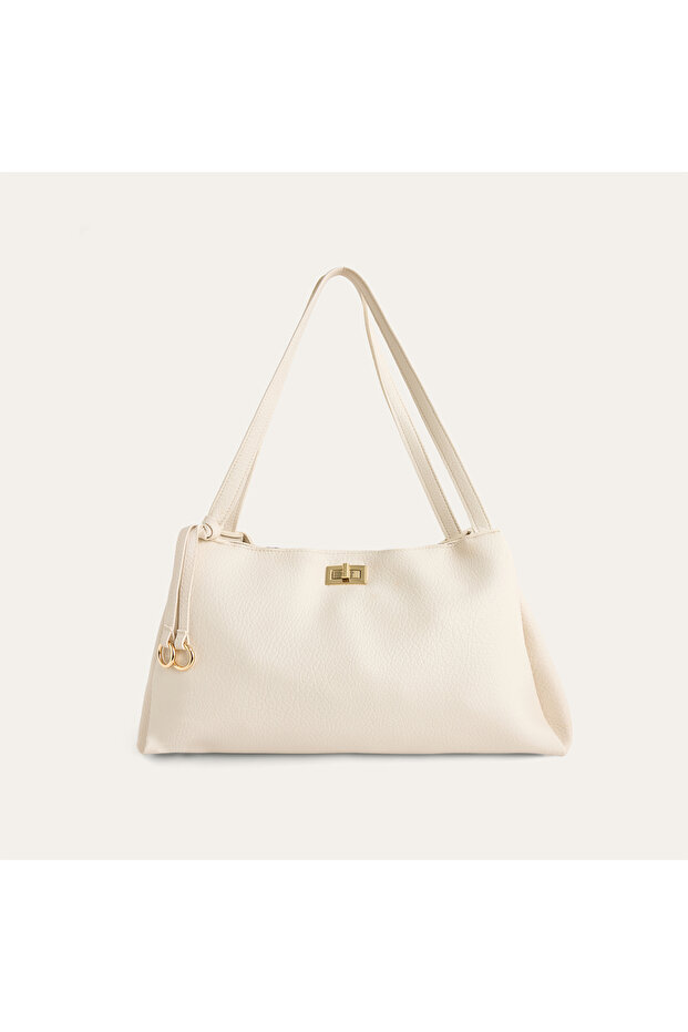 Women's Ecru Leather Look Handbag with Lock Detail