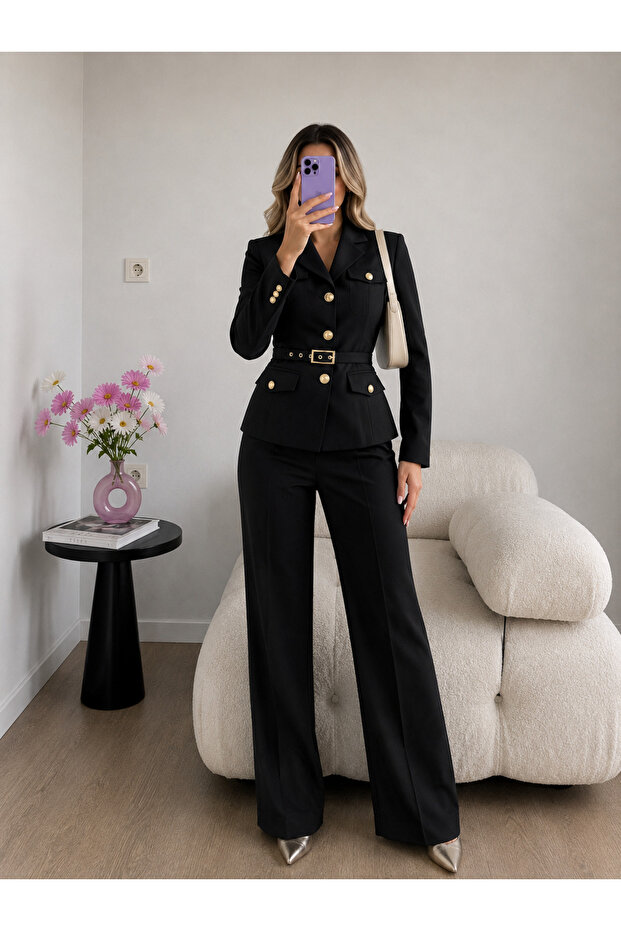 Belted Gold Buttoned Jacket Trousers Double Blazer Suit