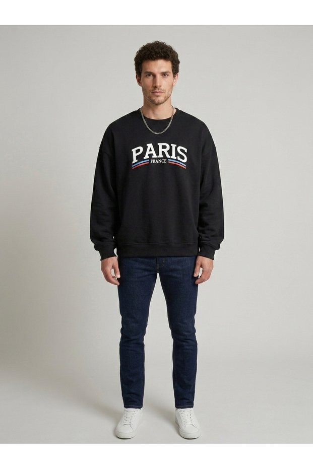 Oversize Sweatshirt Paris France Text Printed Crew Neck Long Sleeve Sweatshirt