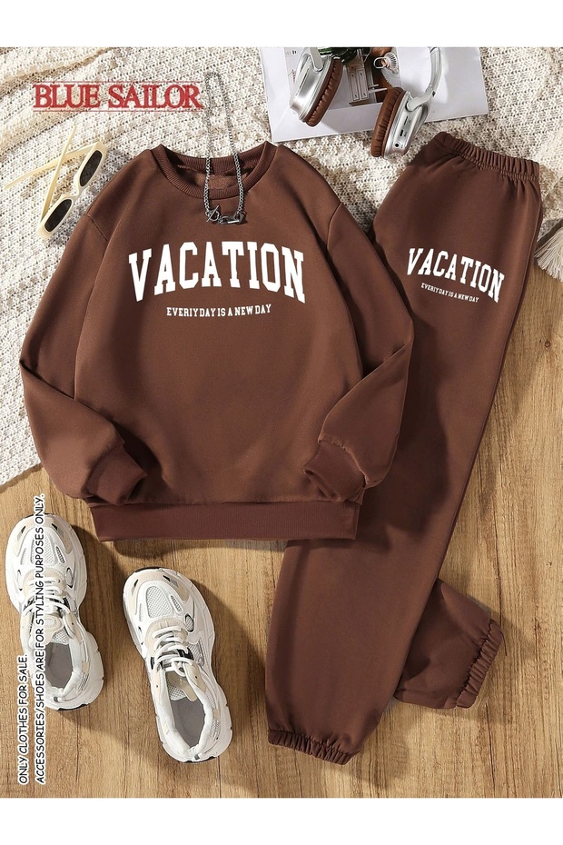 Unisex Women's and Men's Vacatıon Text Printed Oversize 3 Thread Crew Neck Sweatshirt and Jogger Sweatpants
