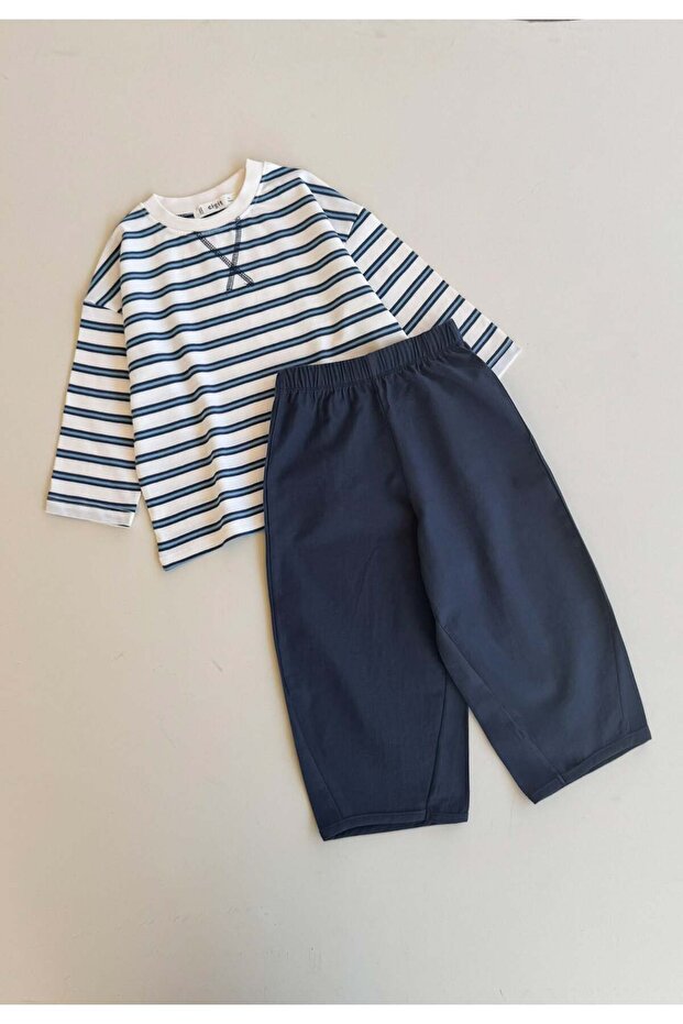 Oversize Seasonal Wide Cut Trousers Set 2-10 Navy Blue Striped