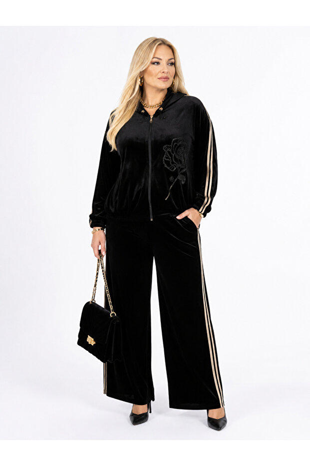 Plus Size Oversized Hooded Zippered Rose Patterned Velvet Look Wide Leg Women's Top and Bottom Set with Stripe Detail