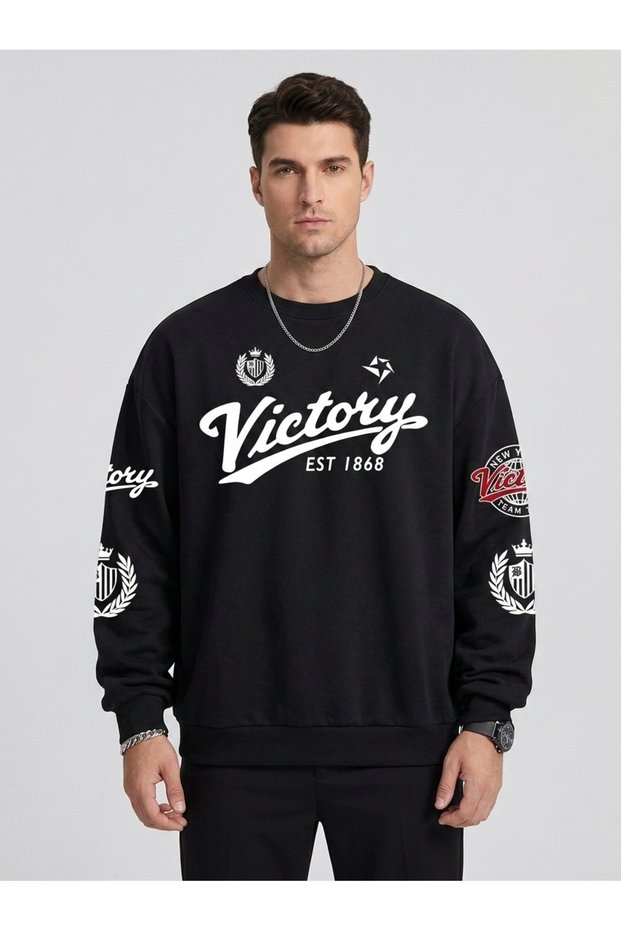 Oversize Sweatshirt Victory Lettering and Emblem Printed Sleeve Detail Crew Neck Streetwear Sweatshirt