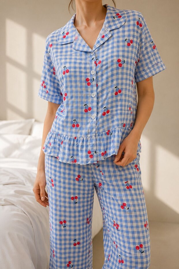 Viscose Woven Blue Gingham Cherry Patterned Ruffle Pajama Set
