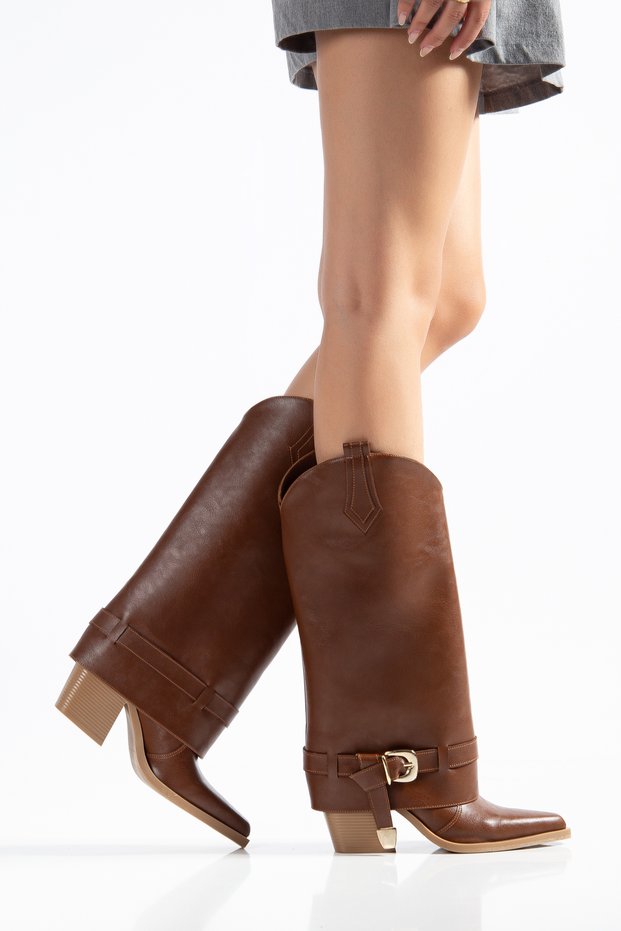 Women's Cowboy Boots - Long Heel, Pointed Toe, Buckle, Thick Heel, Faux Leather