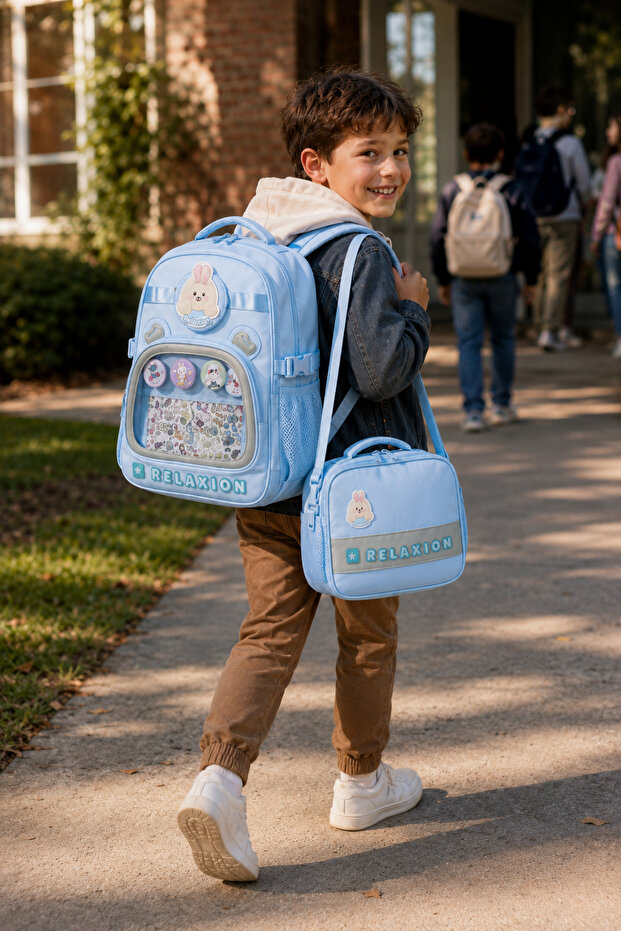 School Bag Set of 3 Blue Backpack Lunch Bag Pen Holder Orthopedic Water Repellent Student Set