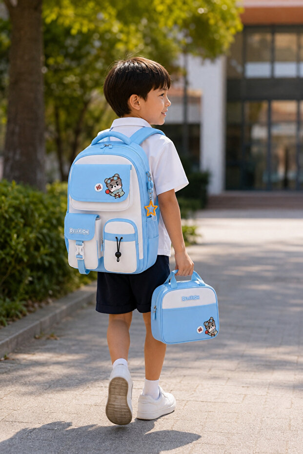 School Bag Set of 3 Light Blue Backpack Lunch Bag Pen Holder Set Orthopedic Bag