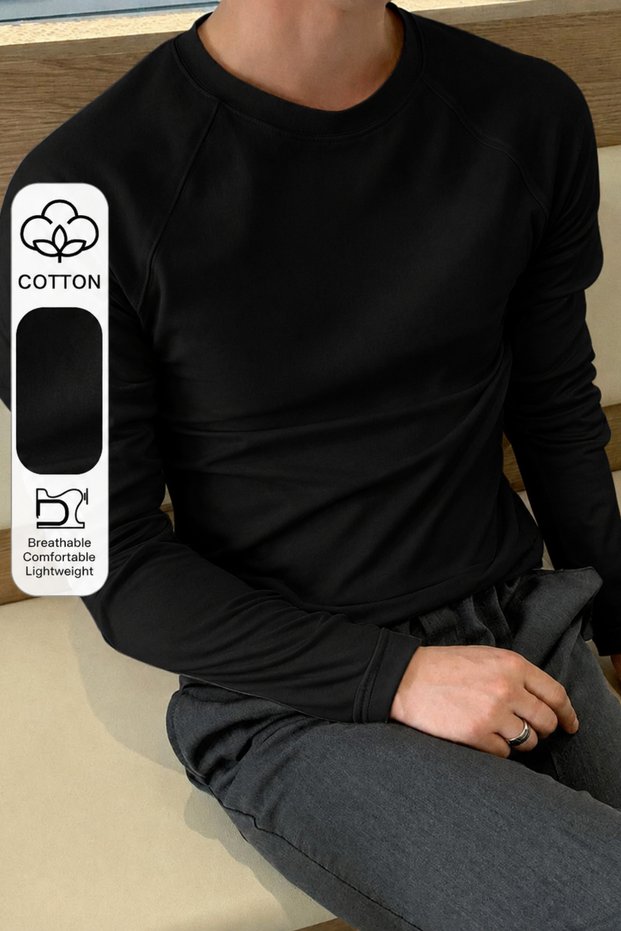 Men's Slim Fit Long Sleeve Crew Neck Lycra Cotton T-Shirt